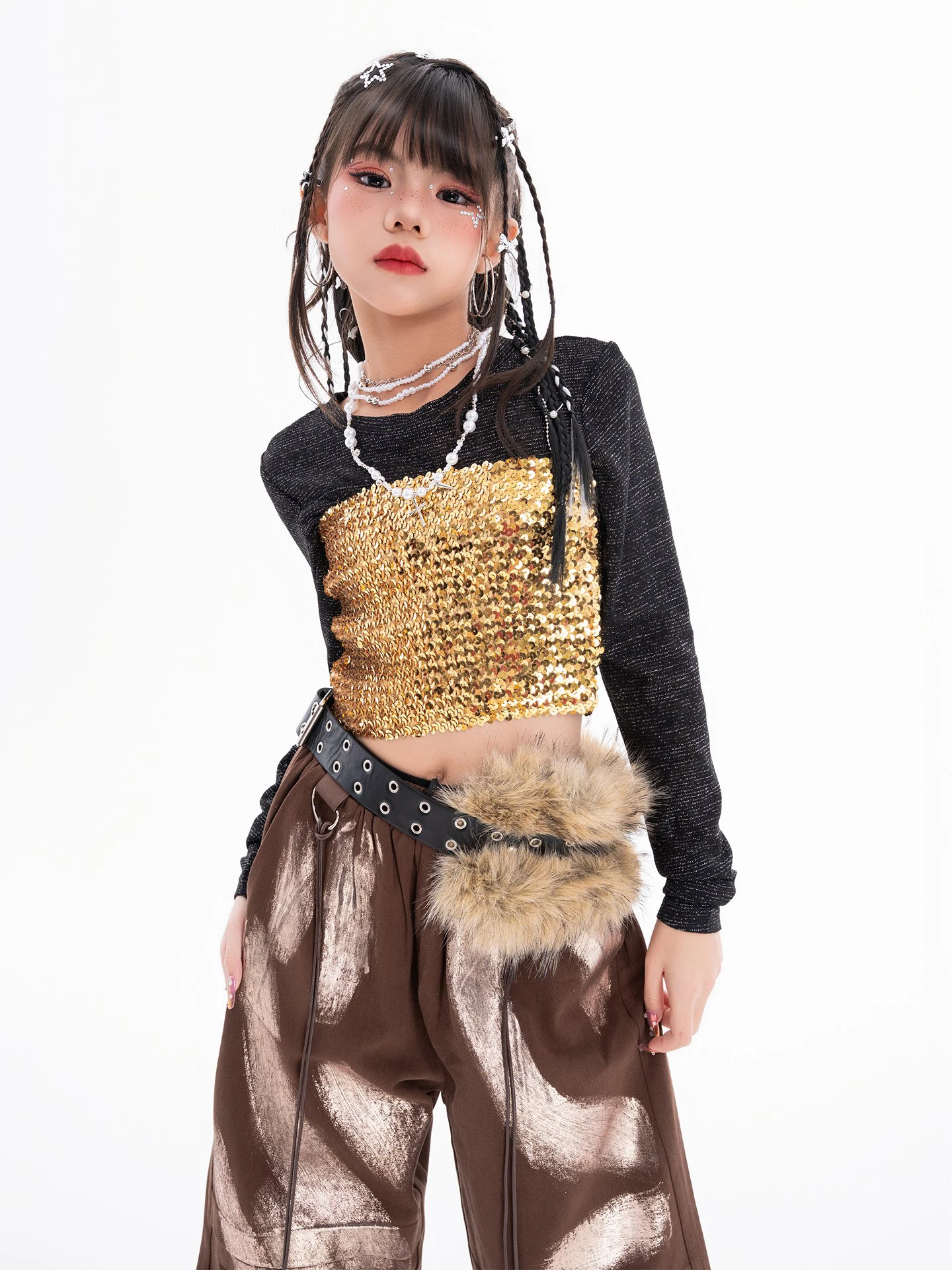 2025 Girls Fashion Jazz Costumes Golden Sequin Vest Lace Shorts Brown Pants Hip Hop Kpop Performance Outfits Stage Wear BL17518