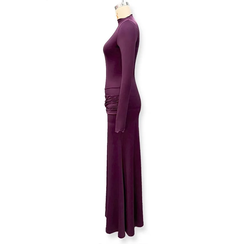 Patchwork Gerafftes Bandkleid für Damen Sexy Rollkragen Elegantes Hochgeschnittenes Abendkleid mit Langen Ärmeln – Detail 3