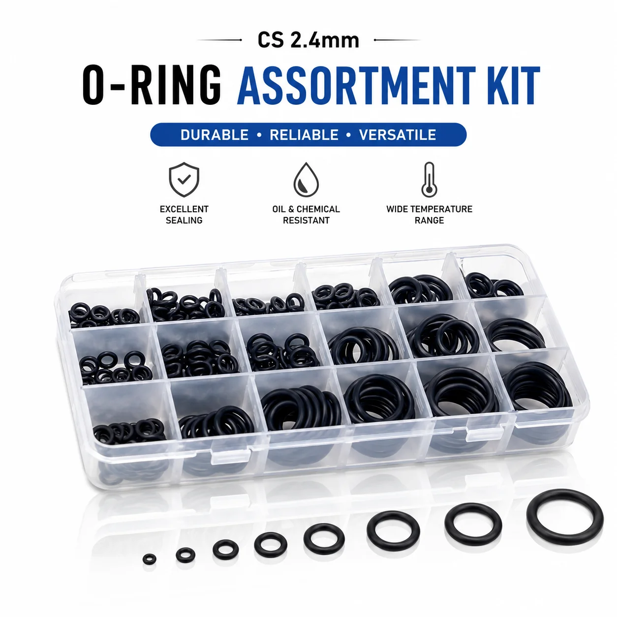 225 Pieces of NBR Nitrile Rubber O-ring Set CS 2.4mm Outer Diameter 7-30mm Pressure Resistant and Wear-resistant Multi Size