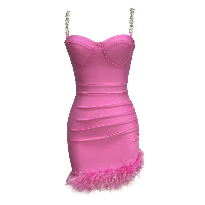 

High Quality Women Sleeveless Sexy Strap Beading Bodycon Mini Dress Feathers Bandage Nigthclub Party Celebrate Dress