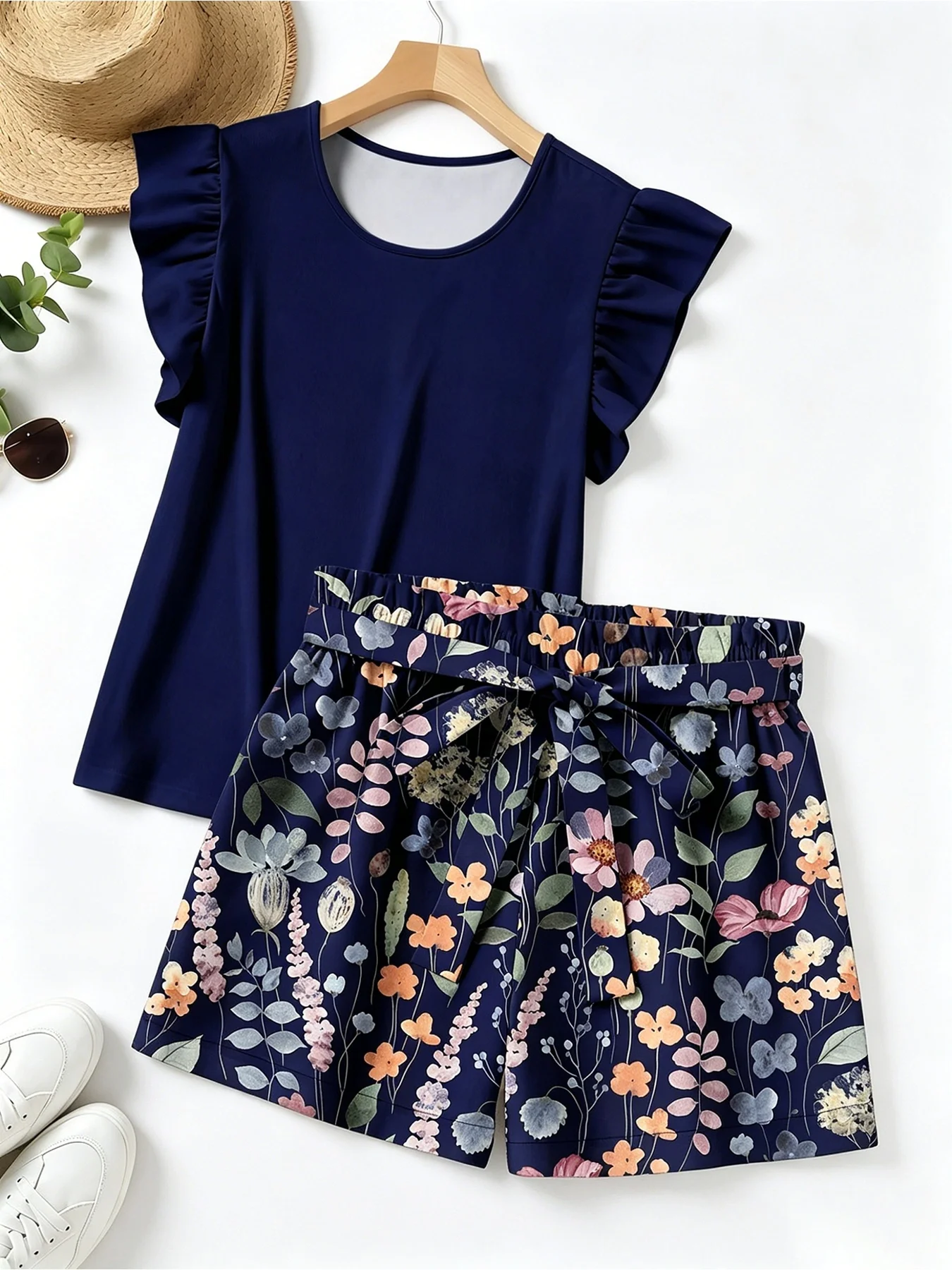 Plus Size Women Two Piece Shorts Set Navy Blue Round Neck Ruffle Sleeve Top Floral Print Bow Tie Waist Casual Summer Outfit