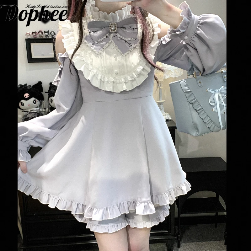 

Dophee Original Japan Style Lolita Sets Off Shoulder Elegant Bow Long Sleeve A-line Dress + Ruffles Elastic Waist Shorts Skirt