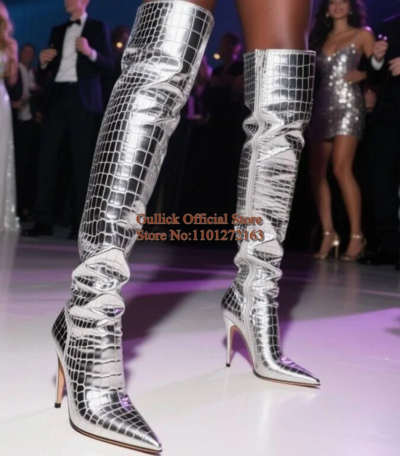 الذهب جلد الثعبان المطبوعة النساء حذاء برقبة للركبة أشار تو نمط بيثون عالية الكعب أحذية طويلة قطرة الشحن #6