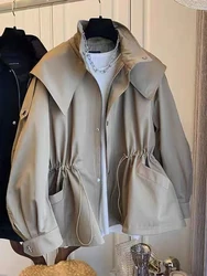 Gabardina Vintage con capucha para mujer, chaquetas elegantes a la moda, gabardina con cordón, abrigo corto informal holgado con cremallera, otoño