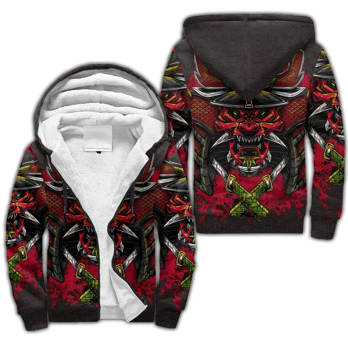 Felpa con cappuccio da uomo alla moda con cappuccio Samurai e Dragon tattoo stampa 3D felpa con cappuccio unisex inverno casual calore giacca con cappuccio in lana con zip