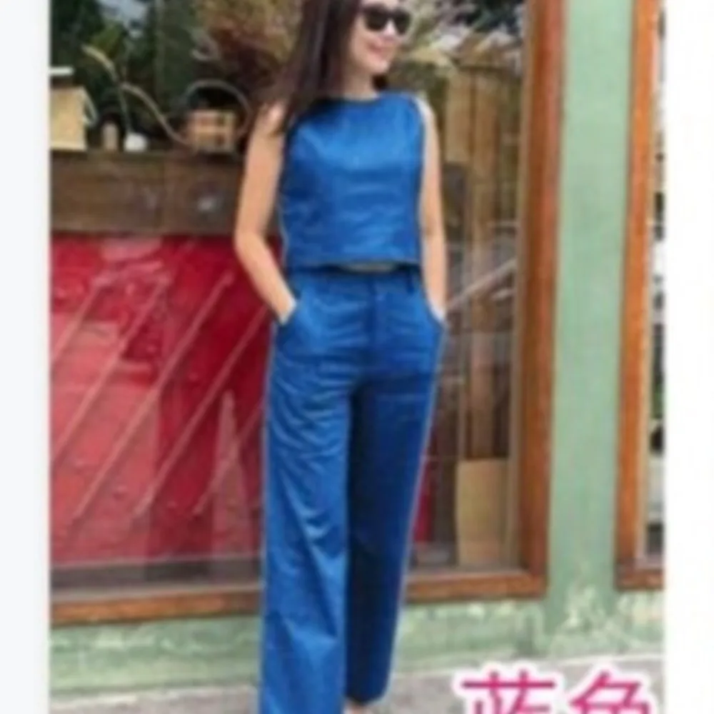 Fashion Cotton  Linen Sleeveless O Neck Solid Color Women\'s Suit Spring Summer New  Slim Pocket Pants Female Office 2 Piece Set