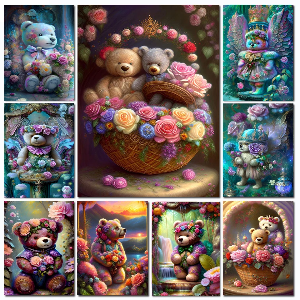 Full Square/Round Drill 5D DIY Diamond Painting Fantastic Cute Basket Bear Flowers Sales Diamond Embroidery Cross Stitch S1073