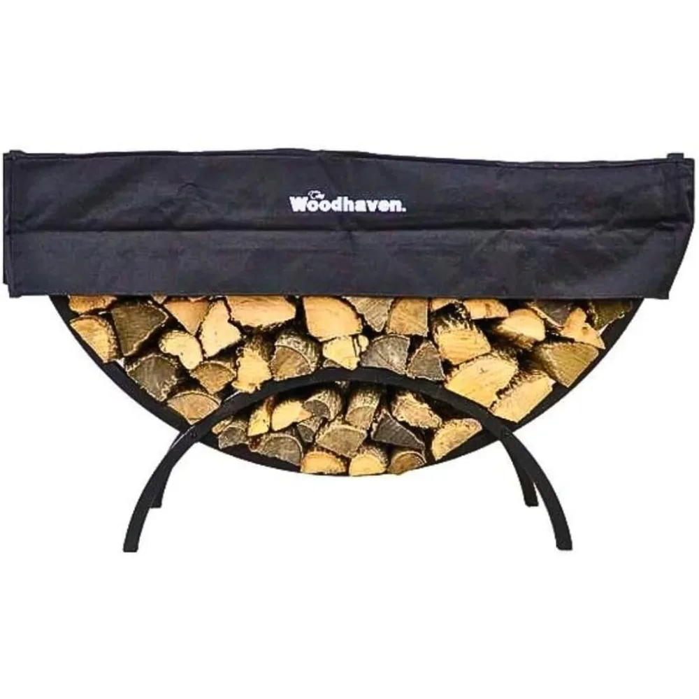 Rejilla para leña de media luna negra de 5 pies con cubierta - Heavy Duty Made In USA - Soporte de madera de acero con recubrimiento en polvo