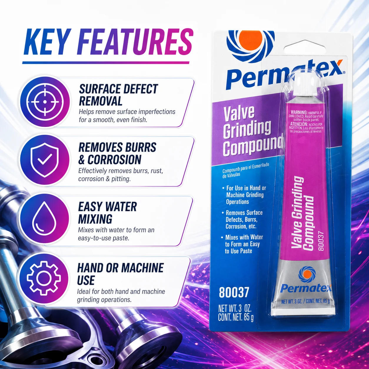 Permatex 80037 Valve Grinding Compound 3 OZ 85g Surface Defect Remover for Automotive Small Engine Valve Repair
