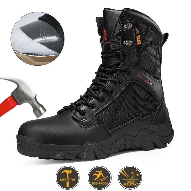 Botas de trabajo antigolpes de alta calidad, zapatos de seguridad impermeables para exteriores, botas antideslizantes con punta de acero para hombre, zapatos protectores de moda para hombre