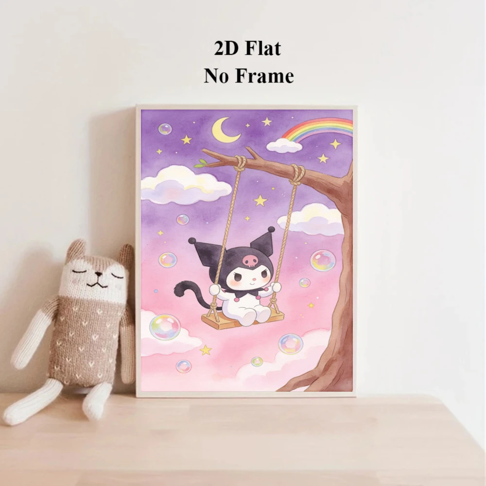 (No frame)2D Flat, 2D Flat, One Unframed 2D Flat Featuring a Cute Sanrio Kuromi on a Swing, with Cartoon Clouds, Rainbows, Mo