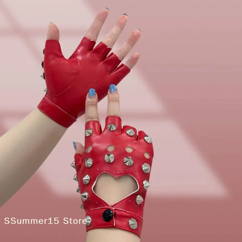 

【R】Stage Performance Leather Women Man Half-Finger Rivet Gloves Nightclub Dance Fashion Punk Hip-Hop Half Finger Mittens