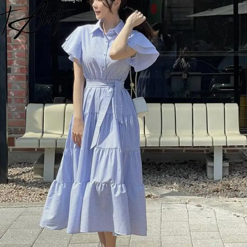 

Tannt Women Dress Butterfly Sleeve Bandage Fashion Stripe Shirt Dresses Vintage Long Summer Stripe Shirt Dresses For Women 2025