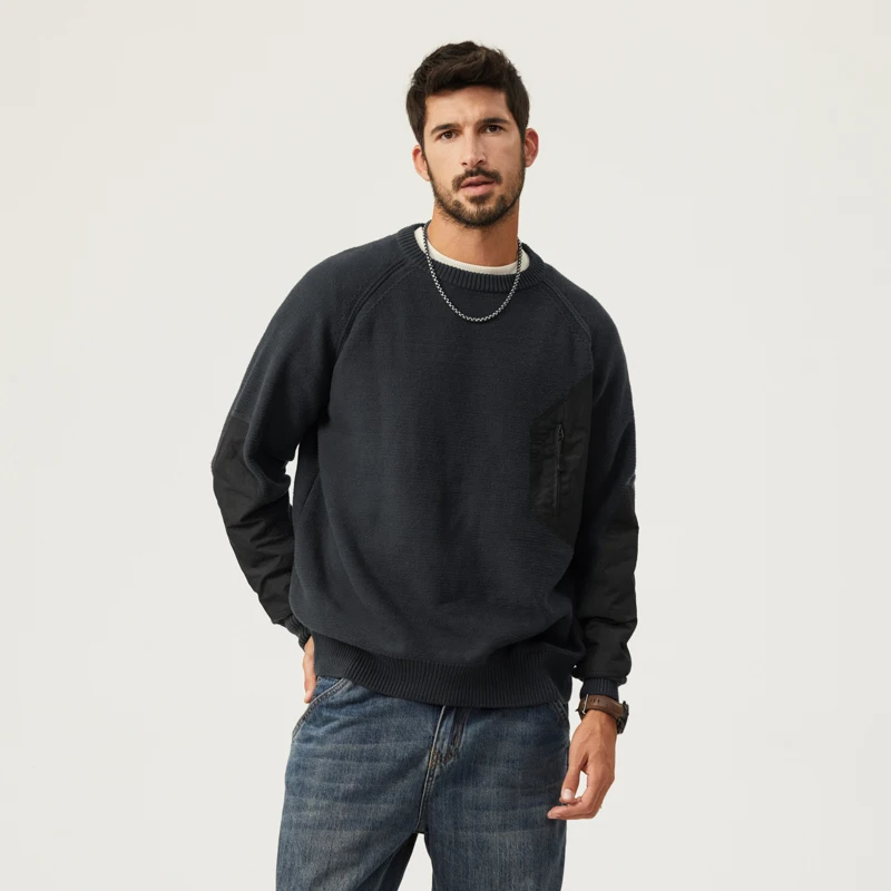 Pull ample à col rond pour hommes avec poches zippées, pull patchwork, colorblock décontracté, style de travail, médicaments, haut de gamme, automne