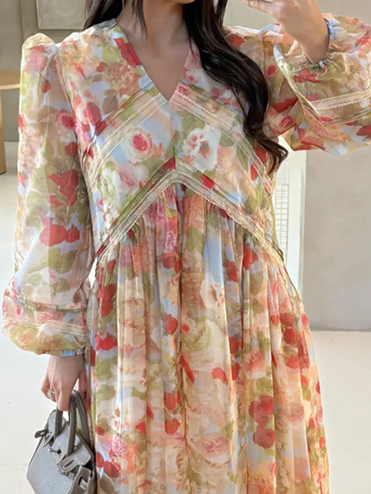 Robe française romantique à imprimé Floral, taille haute, décontractée, col en V, manches lanternes, robe de soirée, Design à la mode, plissée, ample