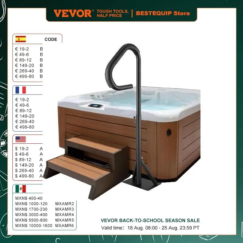 VEVOR 360 Rotatable Hot Tub Handrail Spa Side Hand Rail Adjustable Height with Slide-Under Mount Base for Indoor Outdoor Bathtub