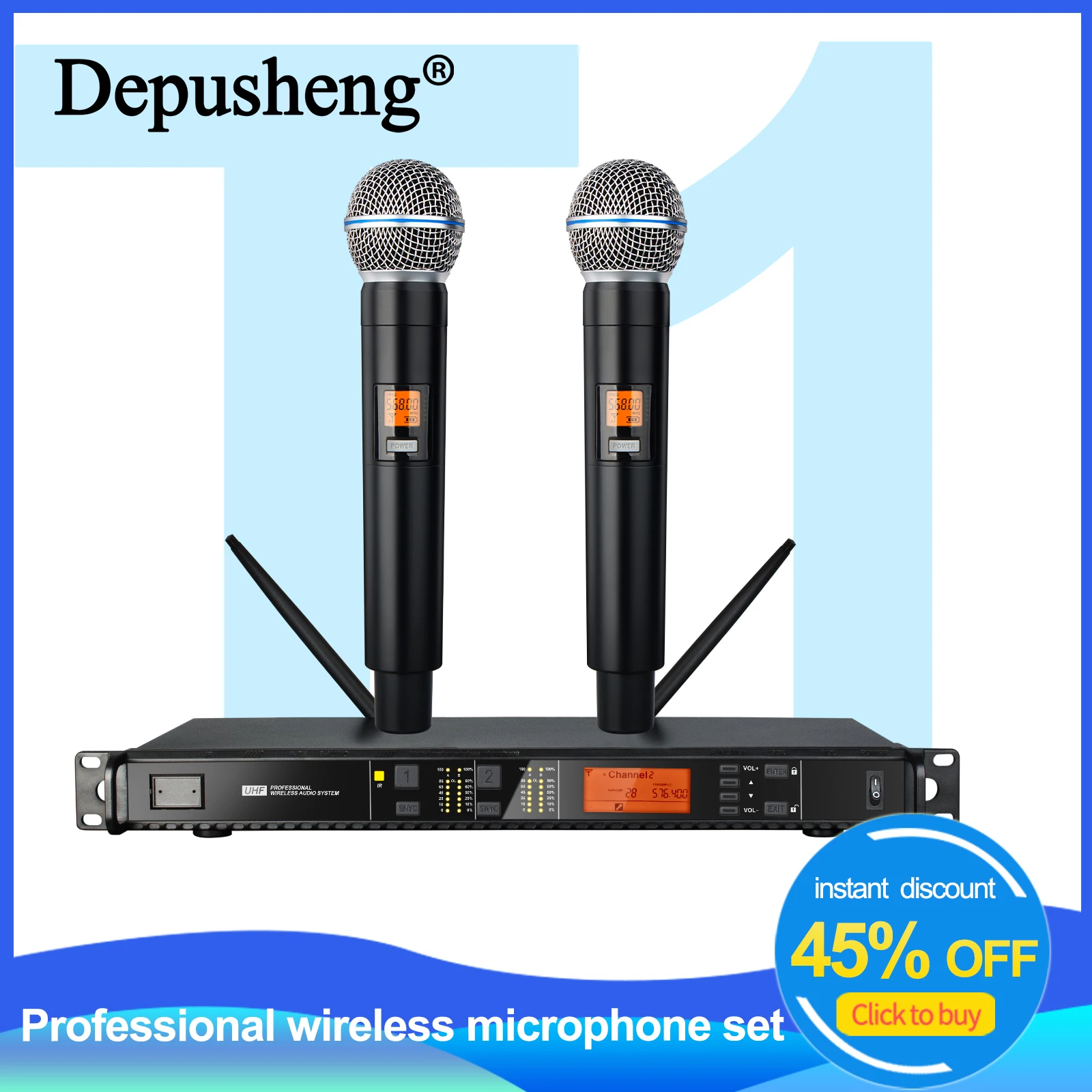 

DEPUSHENG T118 Portable Professional Microphone 2-channel Handheld UHF Wireless Microphone System