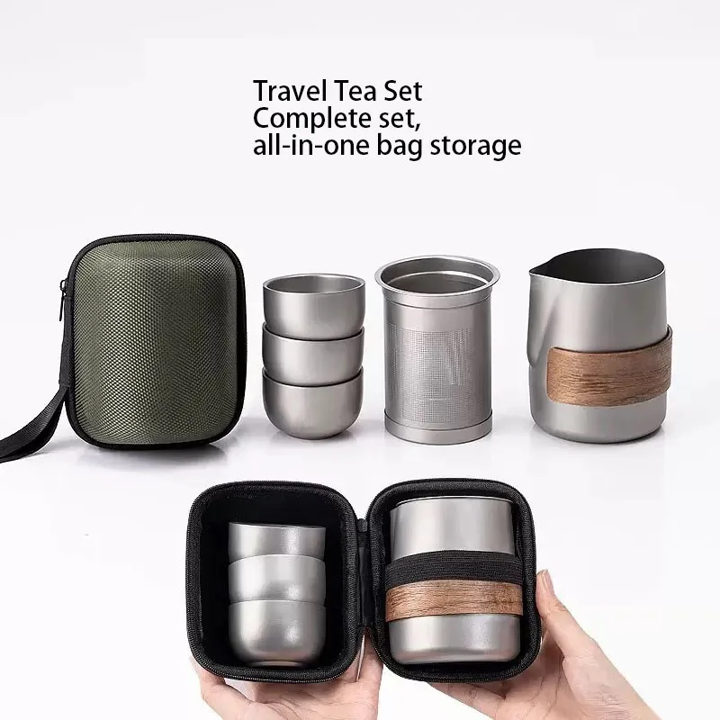 Titanium-plated Stainless Steel Portable Travel Tea Set, Including Teapot and Double-Walled Tea Cups, Lightweight Outdoor Campin