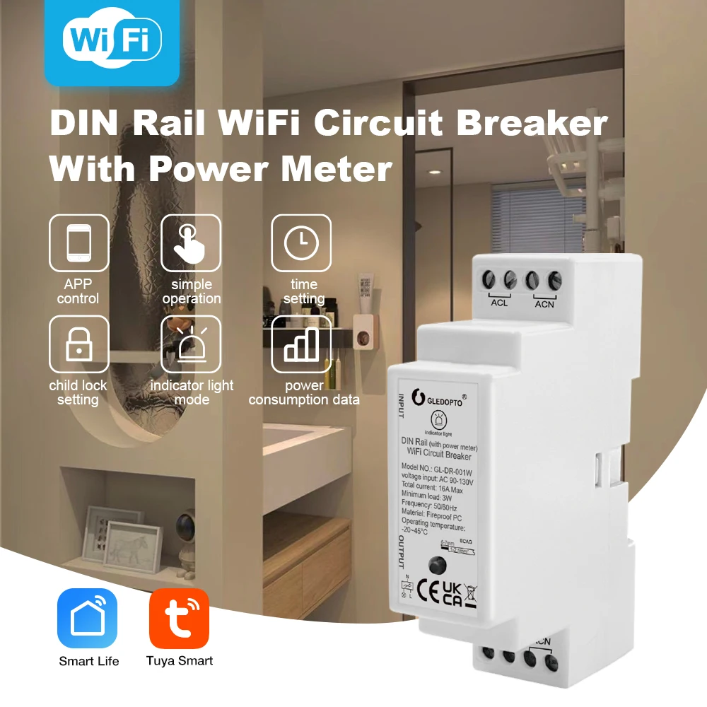 Gledopto WiFi Din Rail Circuit Breaker Power Meter Energy Monitoring Tuya Smart Life App Wireless Remote Control Power Display