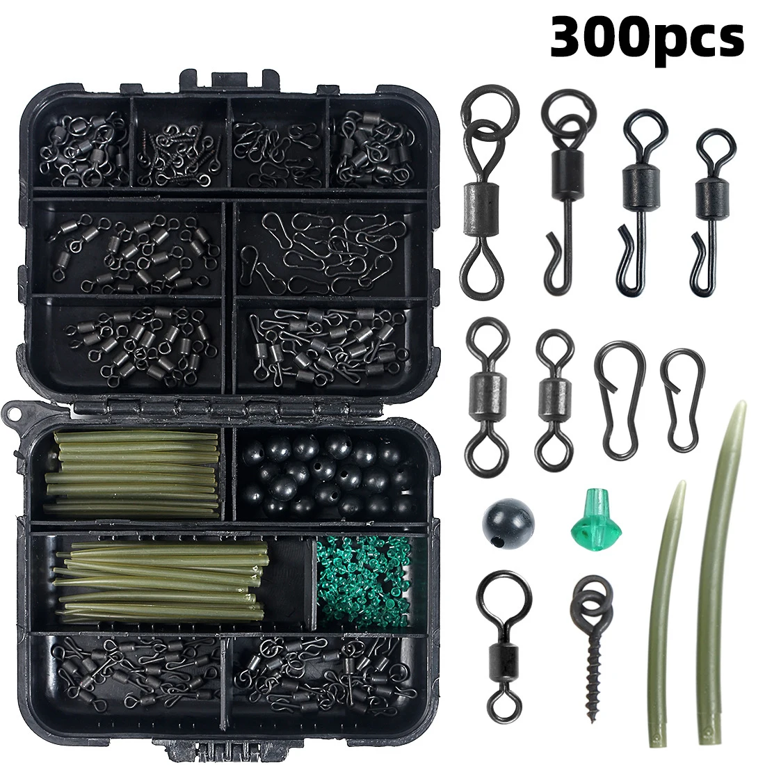 300PCS Carp Fishing Tackle Kit Anti Tangle Sleeves Hook Stop Beads Boilie Bait Screw Rolling Swivel Snaps Fishing Accessories