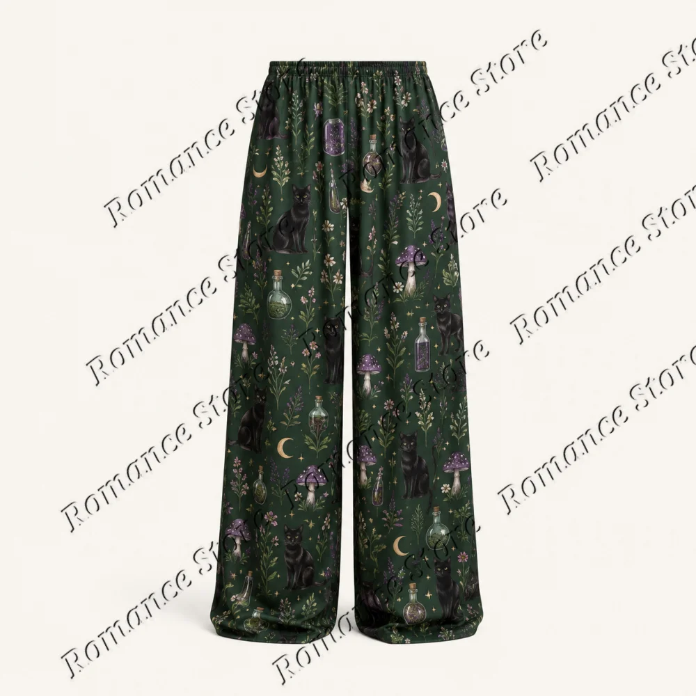 Black Halloween Retro Pumpkin Moon Star Women Wide Leg Pajama Pants Trousers Holiday Casual Milk Silk Wear Sleepwear Bottoms 4