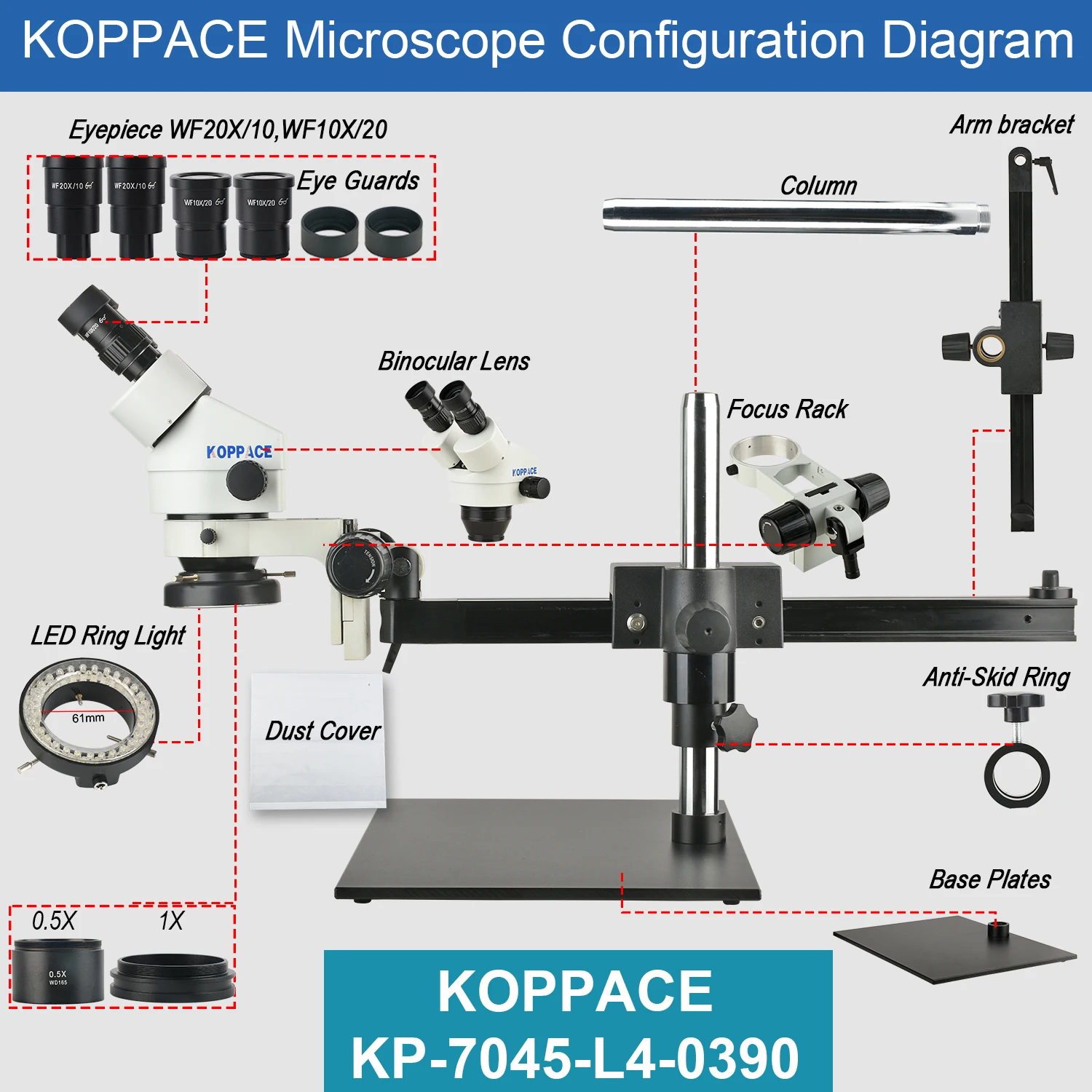 KOPPACE 3.5X-90X Microscopio stereo binoculare Oculare WF10X/20 WF20X/10 Staffa scorrevole Microscopio di riparazione del telefono cellulare