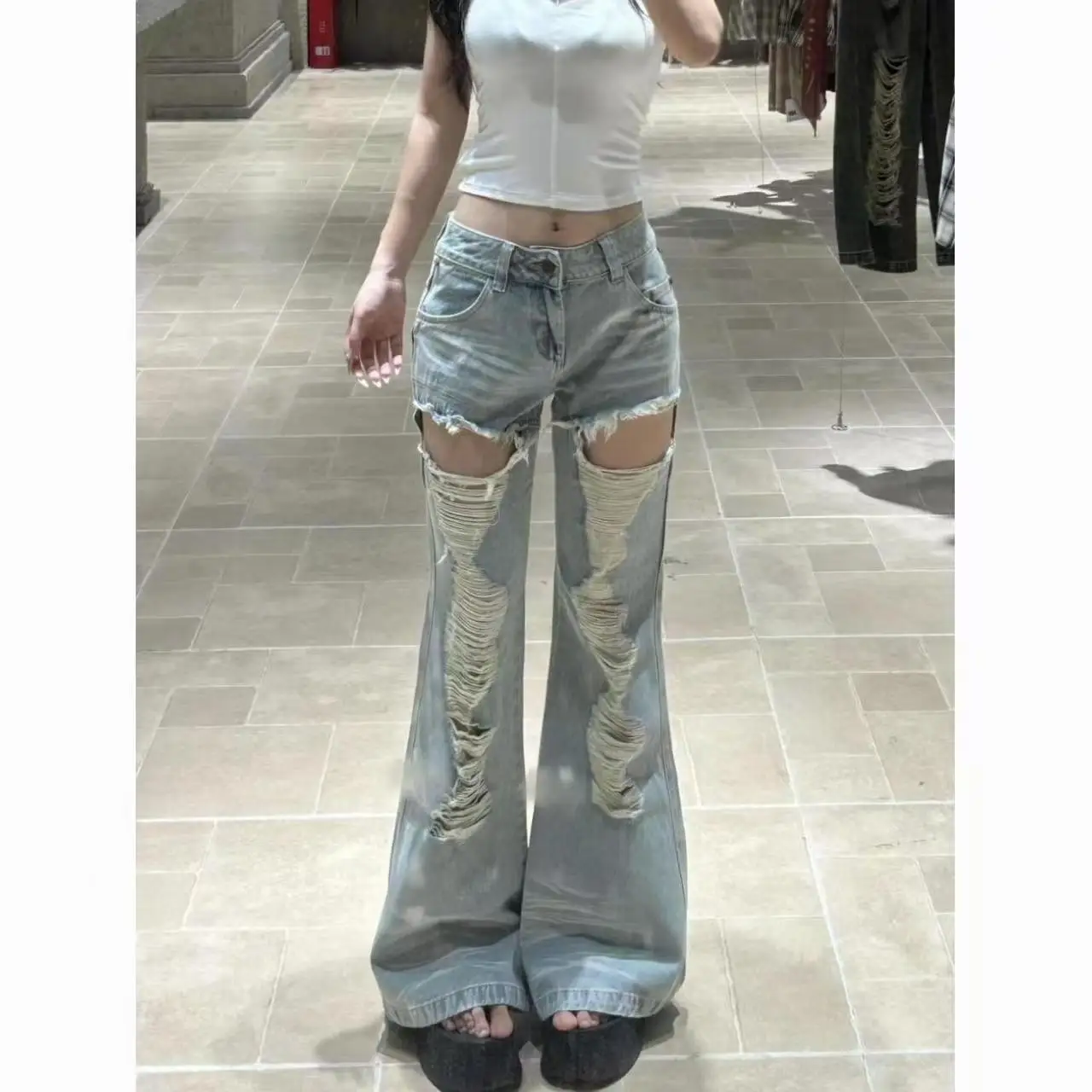 

Autumn New 2025 Retro Washed Ripped Jeans Women Y2k Spice Girl High Street Slim Fit Loose and Thin Wide Leg Pants