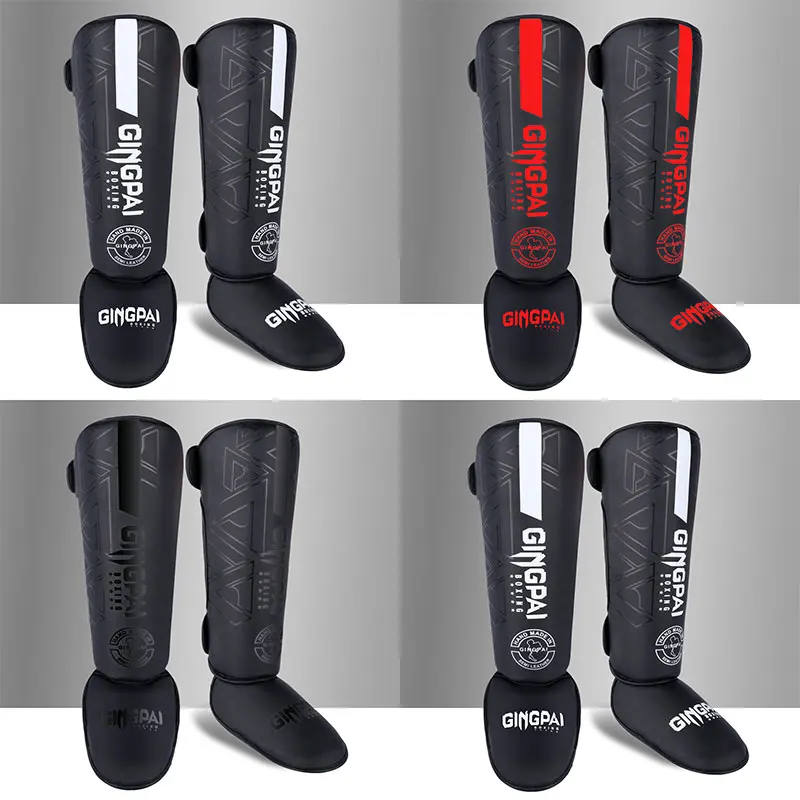 Gingpai 1 Pair HQ PU Leather Boxing Shin Guards Ankle Protector MMA Muay Thai Training Leg Warmers Light Kicking Shin Pads