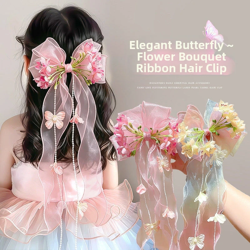 Little Girl Mesh Oversized Bow Hairpin Princess Style Child Hair Accessories Floral Bowknot Ruffled Headwear