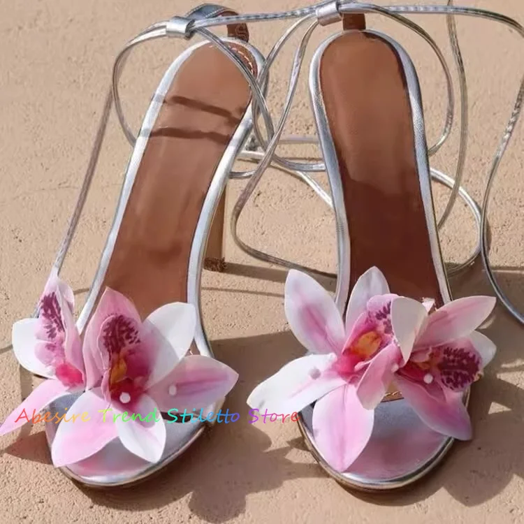 Green Fish Mouth Flower Round Head Sandals Open Toe Strap Stiletto Heel Lace Up High Heel Holiday Beach Shoes for Women