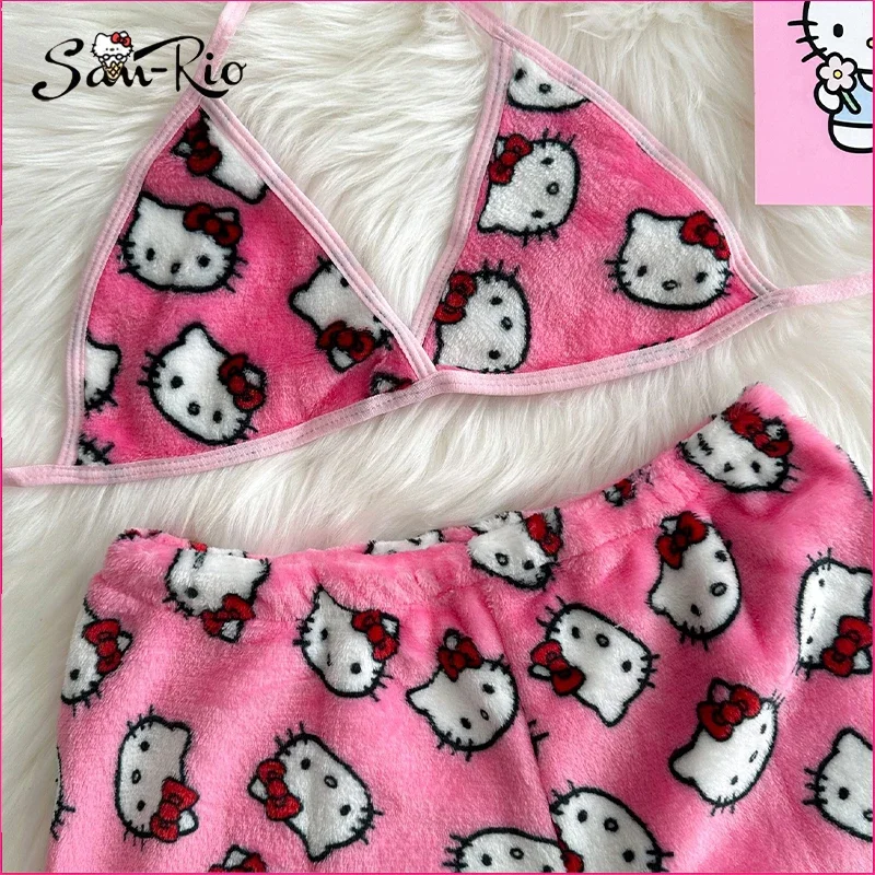 Hello Kitty Women's Pajamas Sanrio Pajama Set Shorts with Bra Soft Flannel Sleep Bottoms Women Pink Bra Homewear Two-Piece