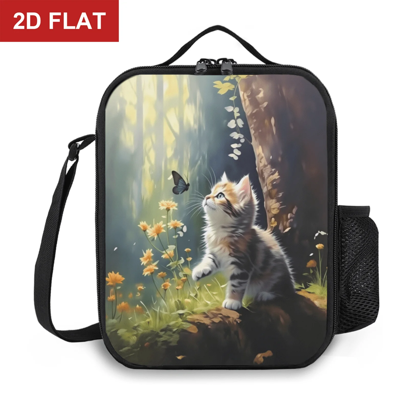 Realistic Fluffy Kitty Chasing Butterfly Woodland Portable Cooler Box Lunch Bag Tote for Outdoor Picnic Multifunction Food Box