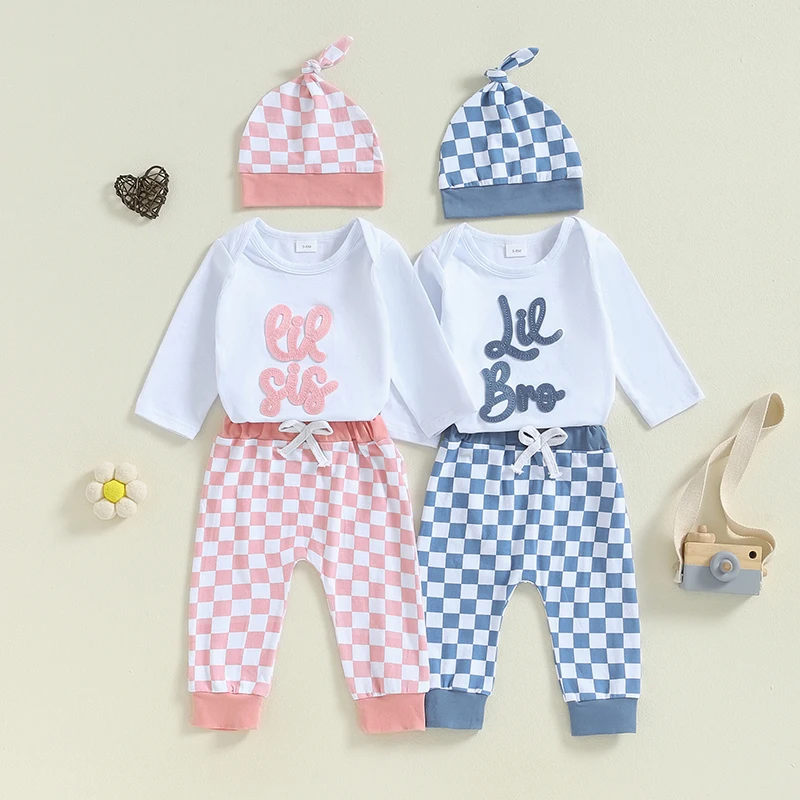 

2024-05-31 Lioraitiin 0-18M Baby Boy Girl Fall Outfits, Letter Embroidery Long Sleeve Romper Checkerboard Pants Hat 3 Piece Set