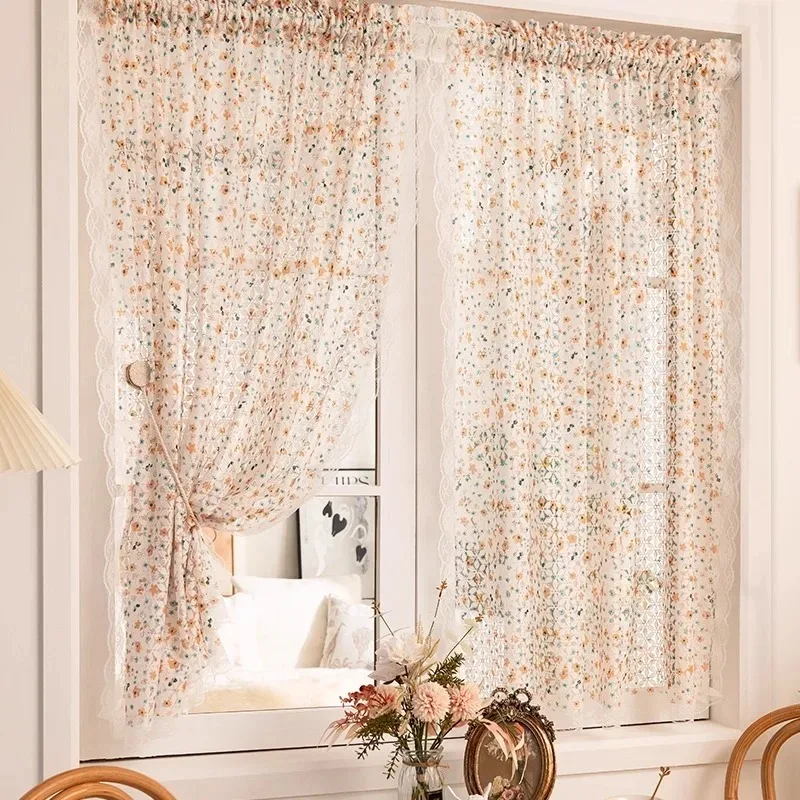 French Romantic Rococo Lace Gauze Curtains Tulle for Living Room Bedroom Pastoral Style Window Small Half Door Holes Drapes