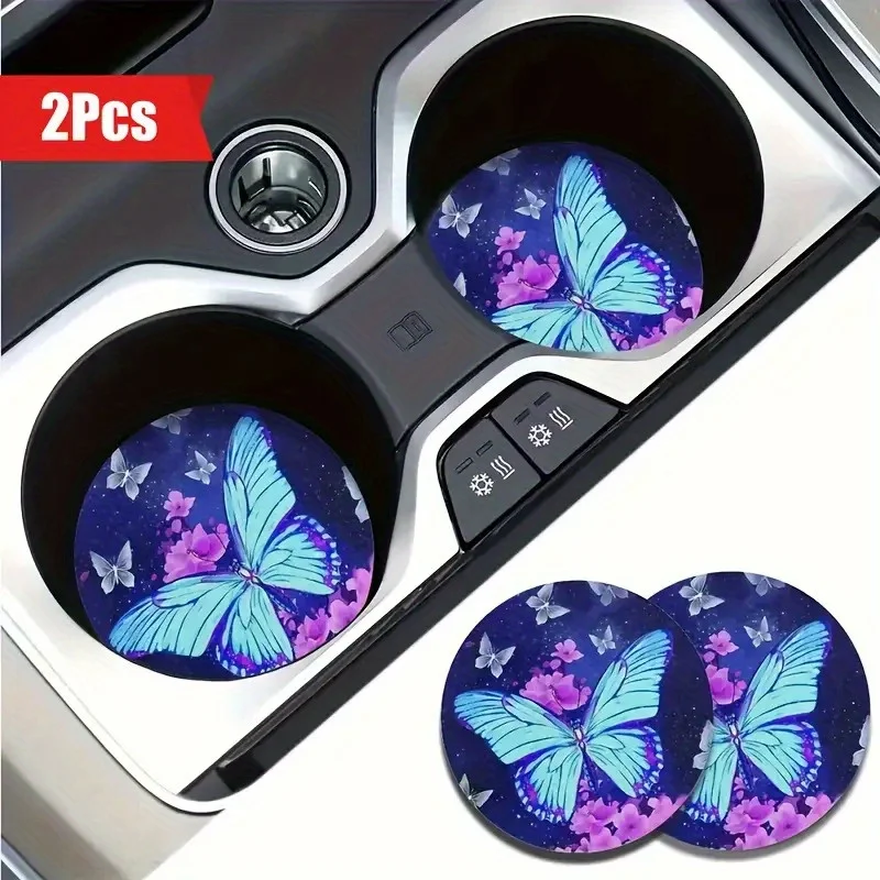 Two Car Cup Coasters - Non-Slip Blue Butterfly Floral Design, Easy-To-Clean Acrylic Surface Protectors, Suitable For Sedans, Suv