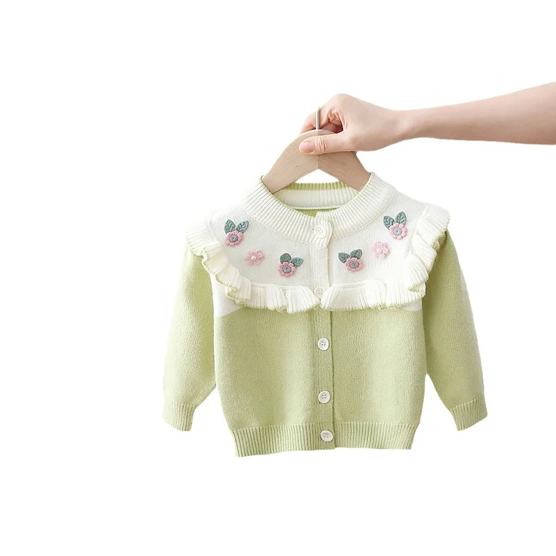 1-4TKorean version kids girls solid color knitted cardigan 2023 fall new kids baby cute flower sweater jacket