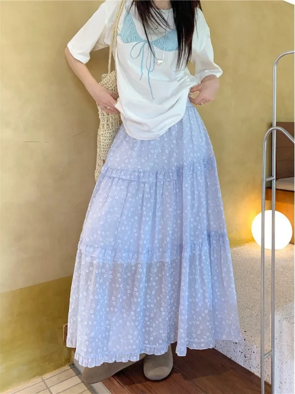 

plus Size Floral Print Midi Skirt High Waist Loose Fit Spring Summer New Style Cake Skirt Women's Fashion Korean Style A-Line...