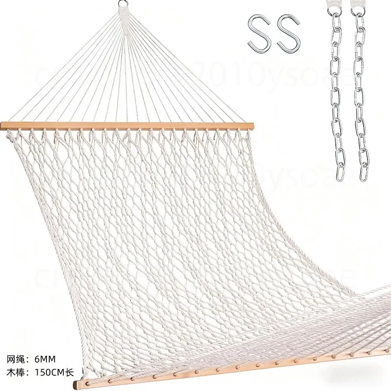 Single Person Breathable Mesh Rope Hammock With Wooden Bar Hanging Swing Bed Portable Leisure Lounger For Beach Backyard