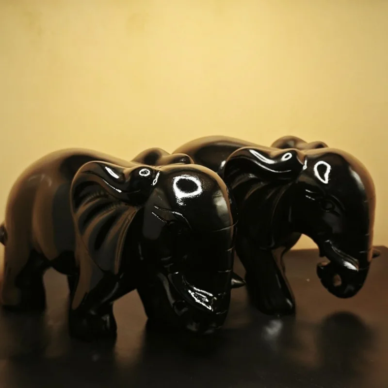 

Natural Black Obsidian Elephant Ornaments for Living Room, Pair of Home Entrance Office Feng Shui Water Absorbing Decorative Wea