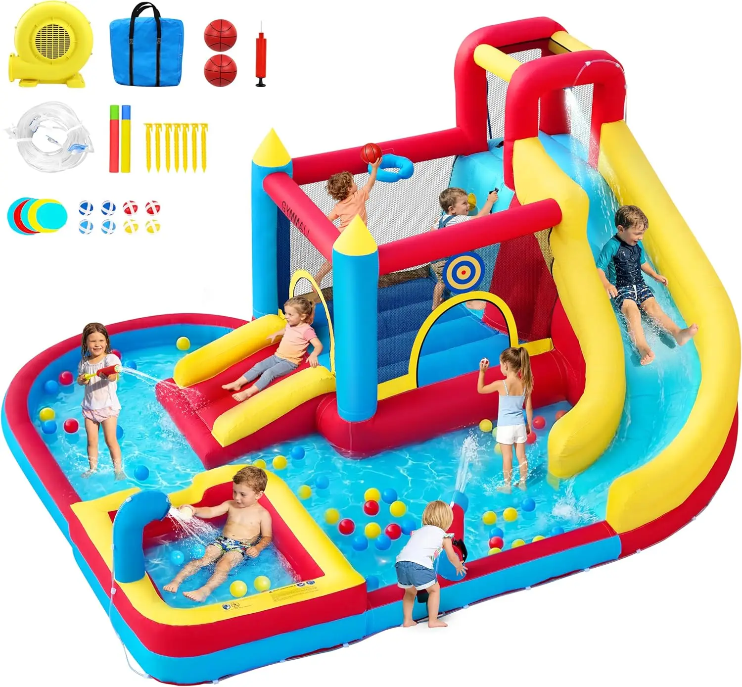 

Inflatable Water Park Bounce Castle with Slide, Climbing Wall, Ball Pit & Water Cannon – Includes Blower, for Indoor Outdoor Backyard Fun