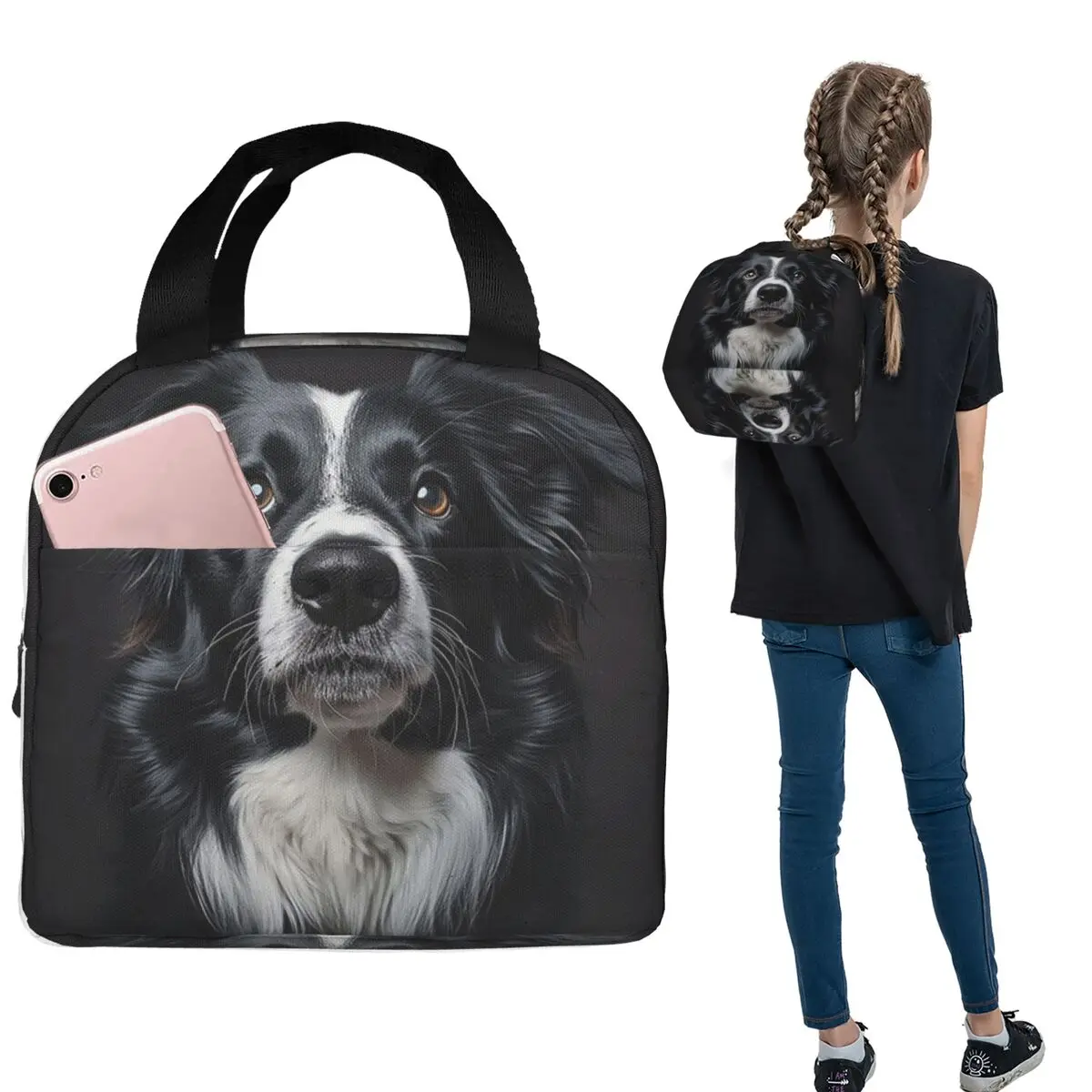 

3D Dog In Black Background Insulated Lunch Bag for Women Kids Portable Food Boxes Thermal Lunch Box Tote