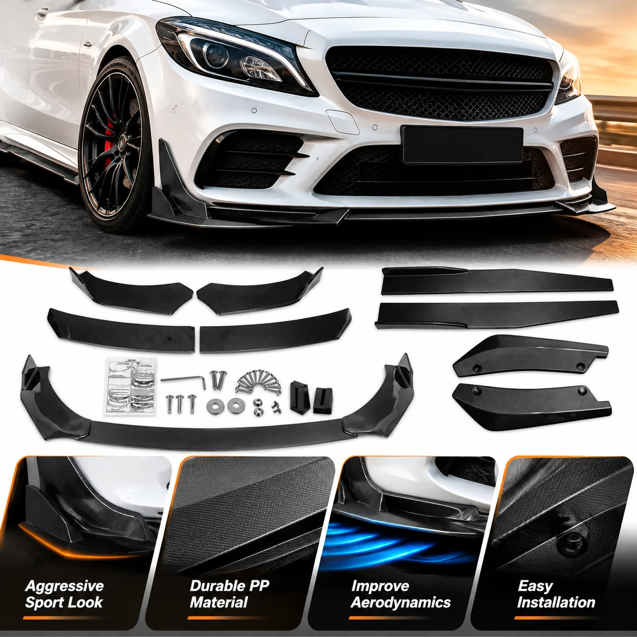 Universal Front Bumper Lip Polypropylene PP Plastic Durable Solid Black Set For Car SUV Truck Van Auto Replacement Front Lip Spoiler Splitter Diffuser Body Kit Direct Fit Easy Install Car Accessories Styling Sport Look OEM Replacement Part With Screws
