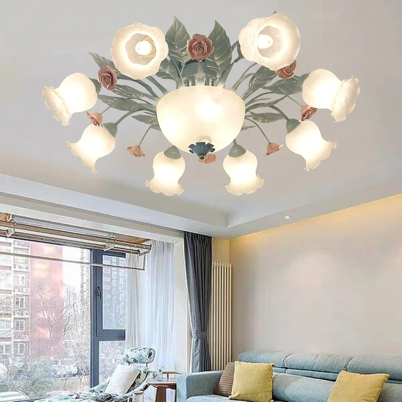 

Living room lamps Nordic simple dining room lights blue glass flower bedroom home energy-saving ceiling lights