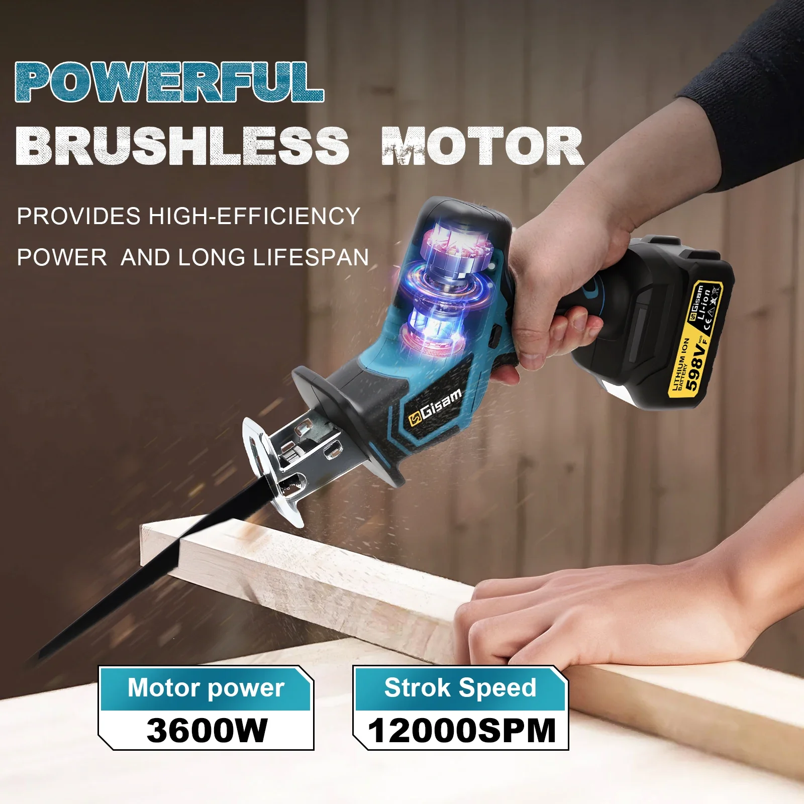 Gisam 3600w Brushless Reciprocating Saw Electric Chainsaw Wood Metal PVC Pipe Cutting Power Tool for Makita 18V Battery Pins view 2