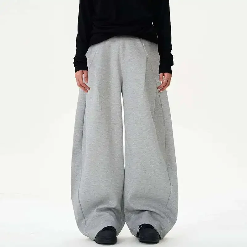 

Pleated Design Men's Casual Pants Solid Color Elastic Waist Wide Leg Sweatpants Silhouette All-match Male Bottom New