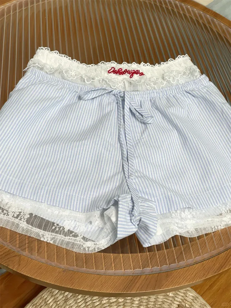 French Elegance Romantic Striped Lace Shorts Women Sweet Sexy Embroidery Elastic Waist Hot Pants Summer Fashion Coquette Gyaru