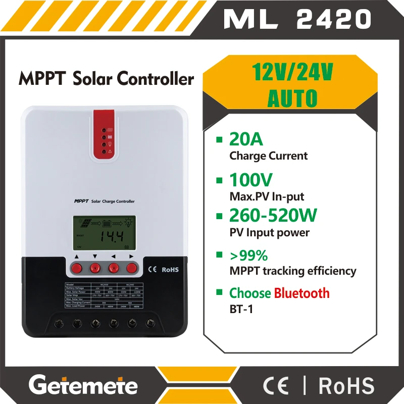 

GTMT 12V 24V Auto 20A MPPT Solar Charge and Discharge Controller Max DC 100V Input PV Regulator Lithium Battery With RS232 Port