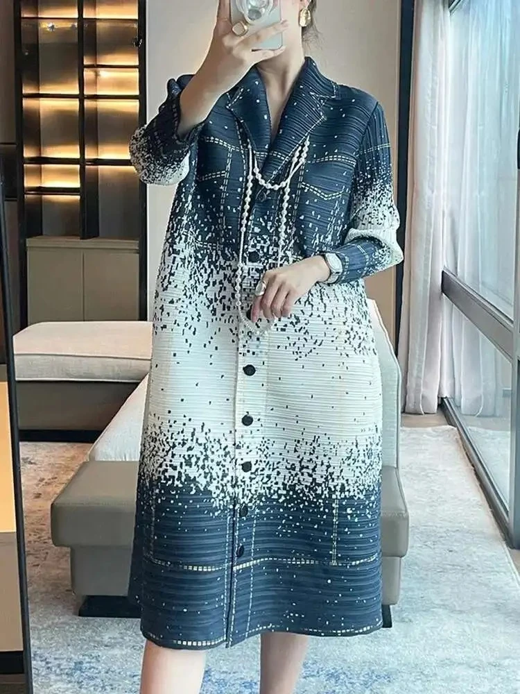 

Pleated Printed Women's Lapel Single-breasted Full-sleeved Loose Retro Style New Miyake 2025 Summer New Elegant Lady Dresses
