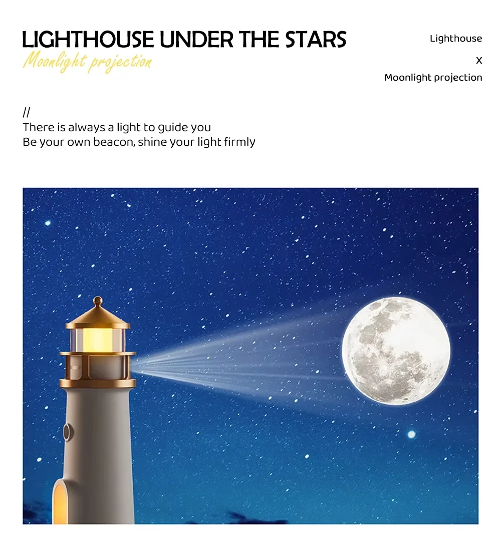 Christmas Birthday Gift Moon Projection Lighthouse Night Lights Motion Sensor Dimmable Timing Ambient Night Lamp Bluetooth Music