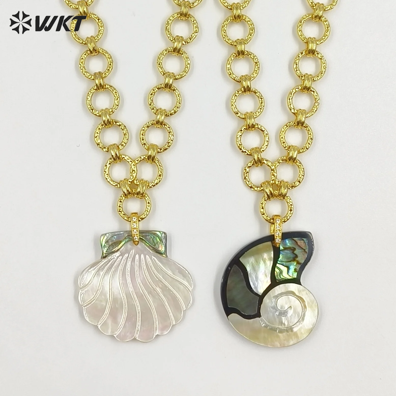 WT-JN398 Lovely Beach Vacation Style Shell Pendants O Shape Yellow Brass Necklace Scallop Heartshape And Fish Charms ACC